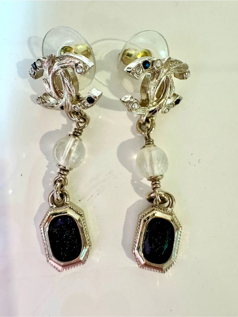 Chanel CC Logo Pearl, Crystal, and Gem Drop Earrings W Box
